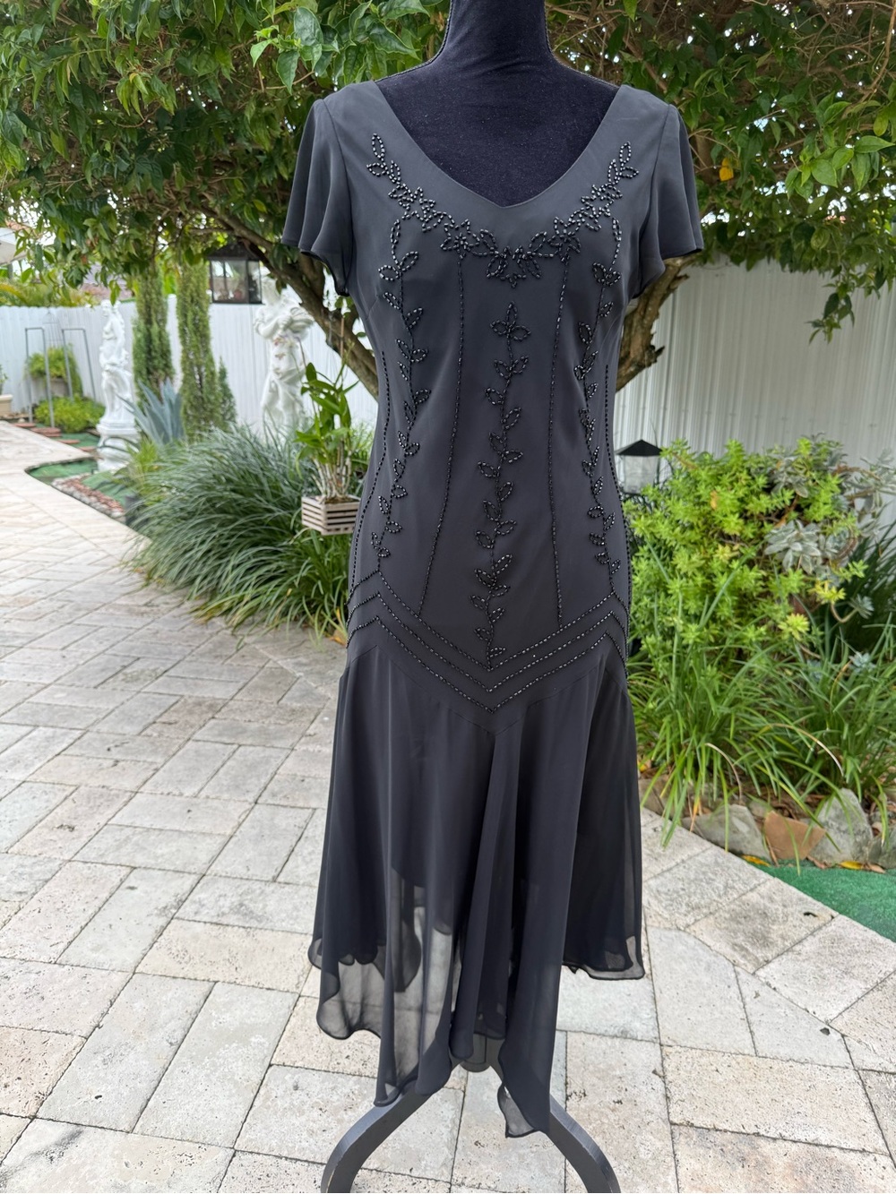 Vintage SL Fashions Beaded Chiffon Midi Dress Flutter Sleeve Black Fairy Goth